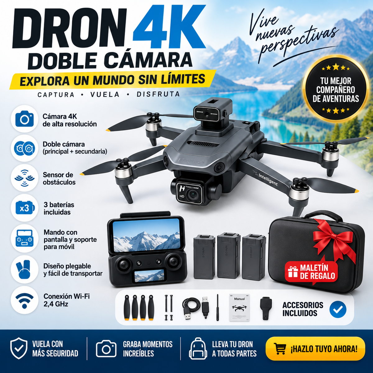 AeroView 4K: Dron D23 4K con Doble Cámara, Sensor de Obstáculos, 3 Baterías.