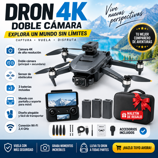 AeroView 4K: Dron D23 4K con Doble Cámara, Sensor de Obstáculos, 3 Baterías.